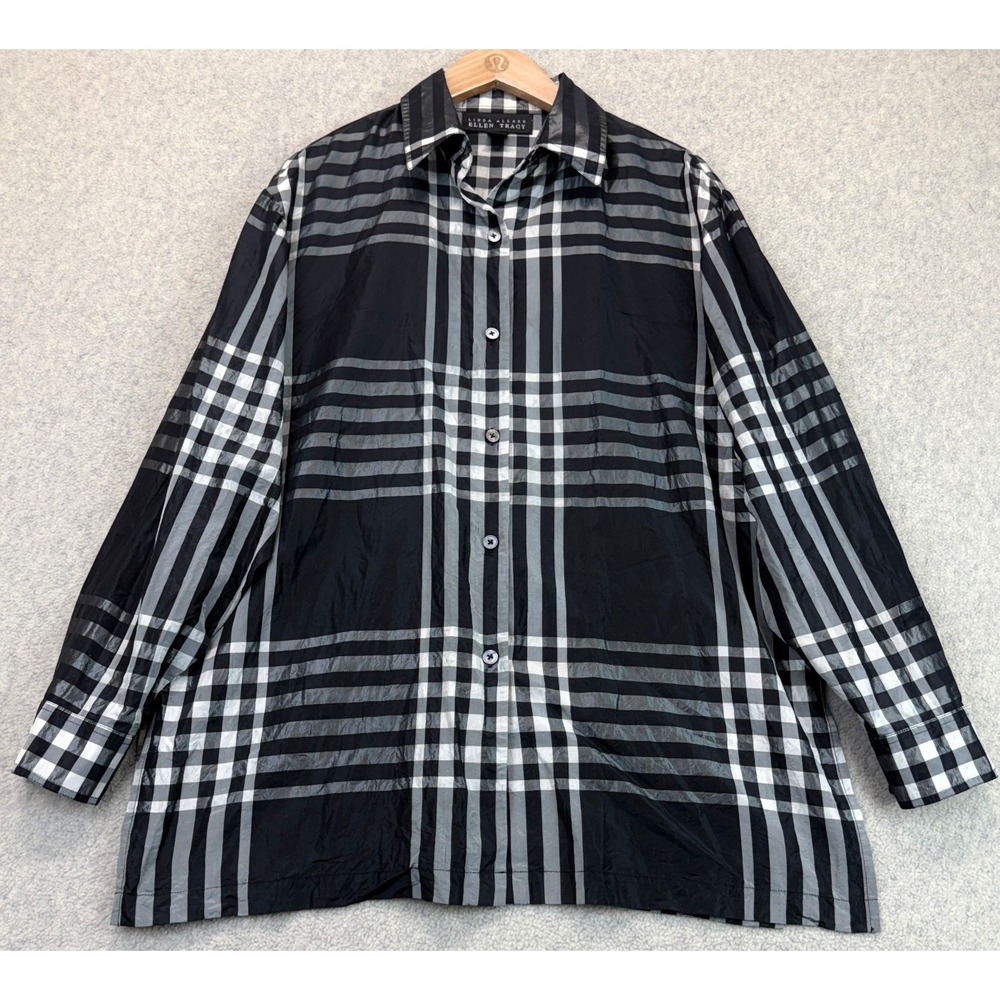 Linda Allard Ellen Tracy Womens Button Up Shirt Black White Plaid Silk Boxy 10
